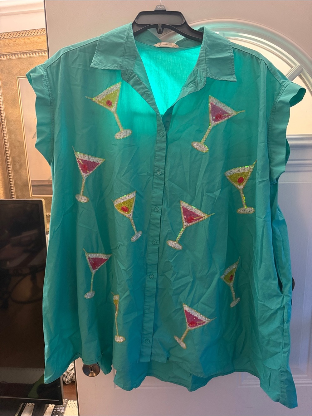 Peach Love California Turquoise Embroidered Cocktail Button-Down Dress